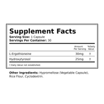 Supplement facts label with L-Ergothioneine and Hydroxytyrosol on a white background